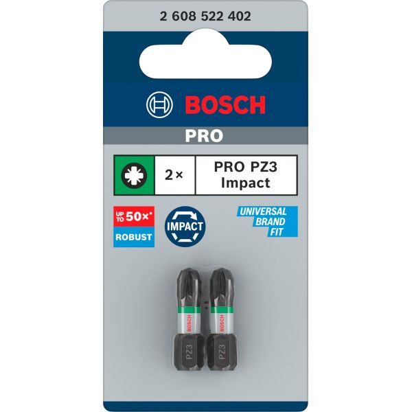 Біти Bosch Pro Pozidriv Impact PZ3, 25 мм, 2 шт (2608522402)
