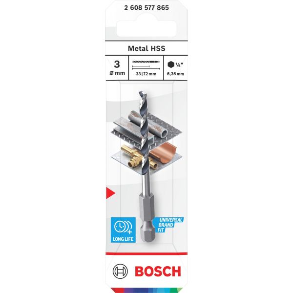 Свердло спіральне Bosch Metal HSS HEX 1/4", 3x33x72 мм (2608577865)