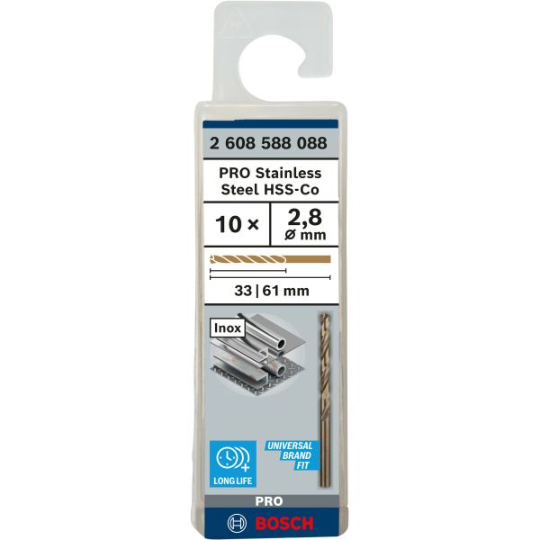 Спіральне свердло Bosch PRO Stainless Steel HSS-Co 2.8x33x61 мм, 10 шт (2608588088)