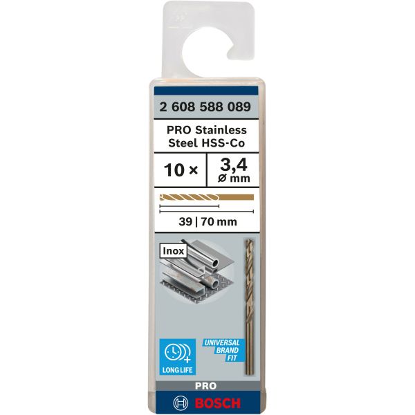 Спіральне свердло Bosch PRO Stainless Steel HSS-Co 3.4x39x70 мм, 10 шт (2608588089)