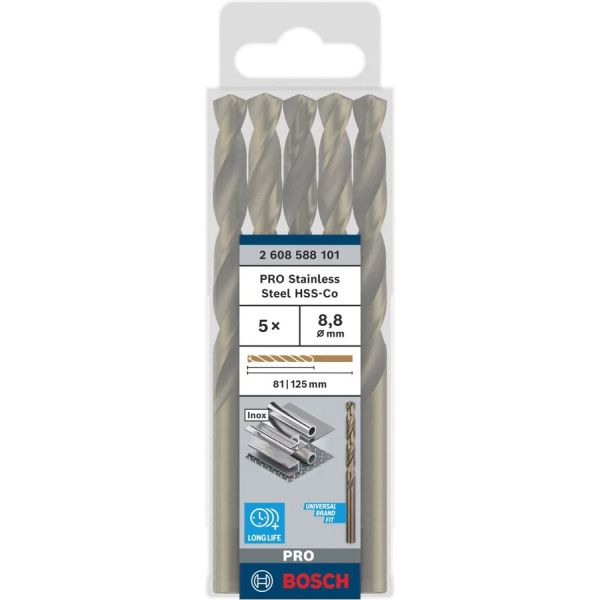 Свердло спіральне Bosch PRO Stainless Steel HSS-Co, 8.8x81x125 мм, 5 шт (2608588101)
