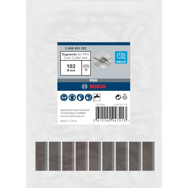 Змінні алмазні сегменти для коронки Bosch PRO Core Cutter wet, 102x10 мм, 1 1/4 UNC, 9 шт (2608601752)