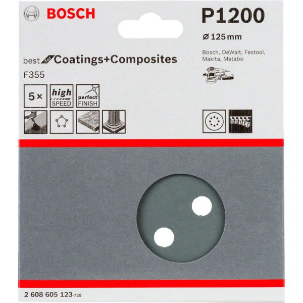 Шліфувальний лист Bosch F355 Best for Coatings and Composites 125 мм, зерно 1200, 5 шт (2608605123)