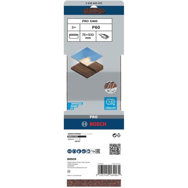 Шліфувальна стрічка Bosch Pro X440, 75x533 мм, G60, 3 шт (2608606070)