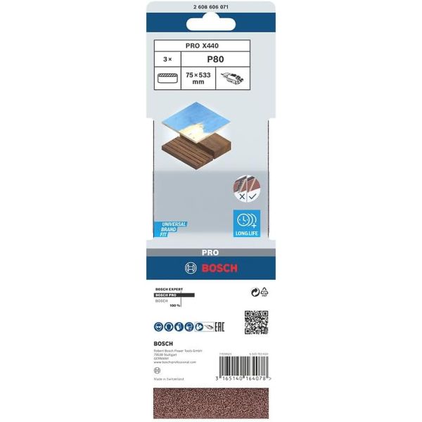 Шліфувальна стрічка Bosch Pro X440, 75x533 мм, G80, 3 шт (2608606071)