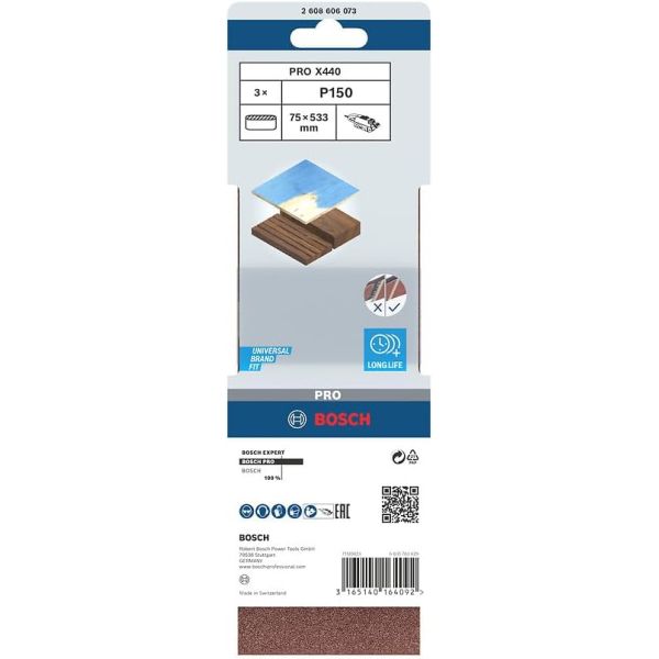 Шліфувальна стрічка Bosch Pro X440, 75x533 мм, G150, 3 шт (2608606073)