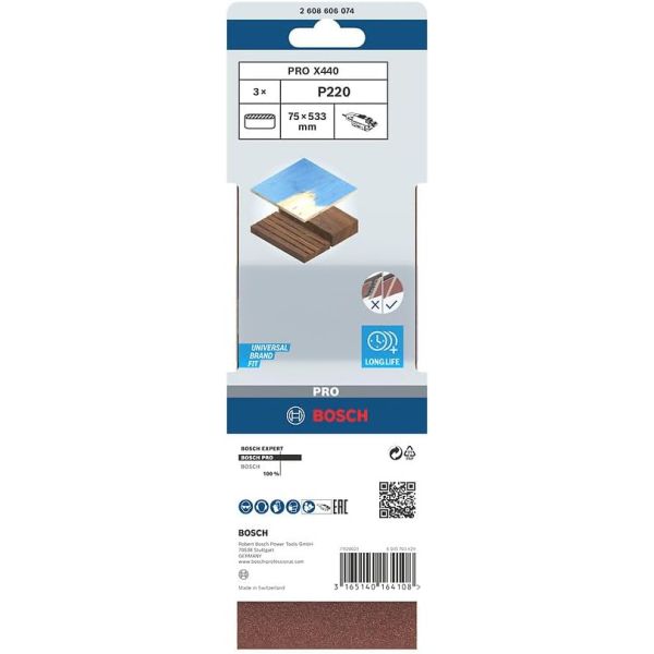 Шліфувальна стрічка Bosch Pro X440, 75x533 мм, G220, 3 шт (2608606074)