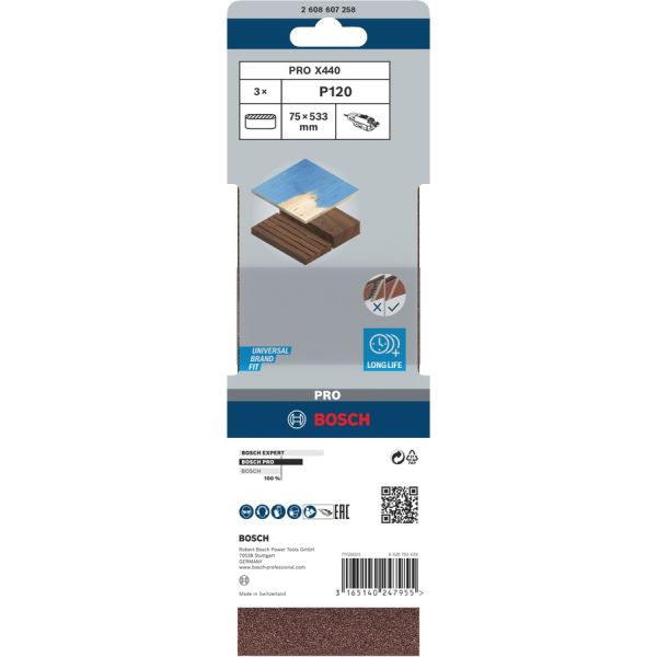 Шліфувальна стрічка Bosch Pro X440, 75x533 мм, G120, 3 шт (2608607258)
