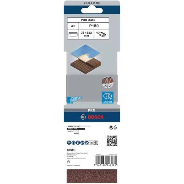 Шліфувальна стрічка Bosch Pro X440, 75x533 мм, G180, 3 шт (2608607260)