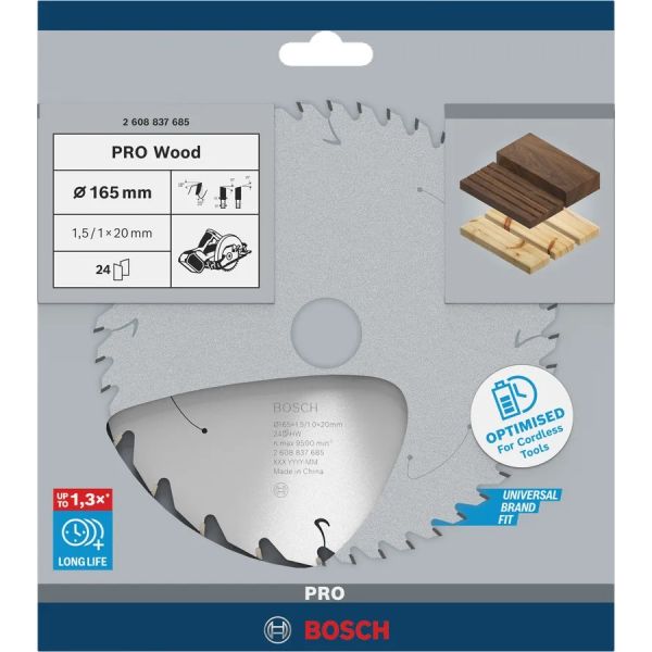 Пиляльний диск для акумуляторних циркулярних пил Bosch PRO Wood 165x1.5/1.0x20 мм, 24 ATB (2608837685)
