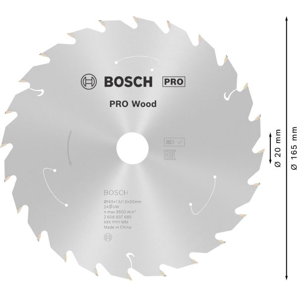 Пиляльний диск для акумуляторних циркулярних пил Bosch PRO Wood 165x1.5/1.0x20 мм, 24 ATB (2608837685)