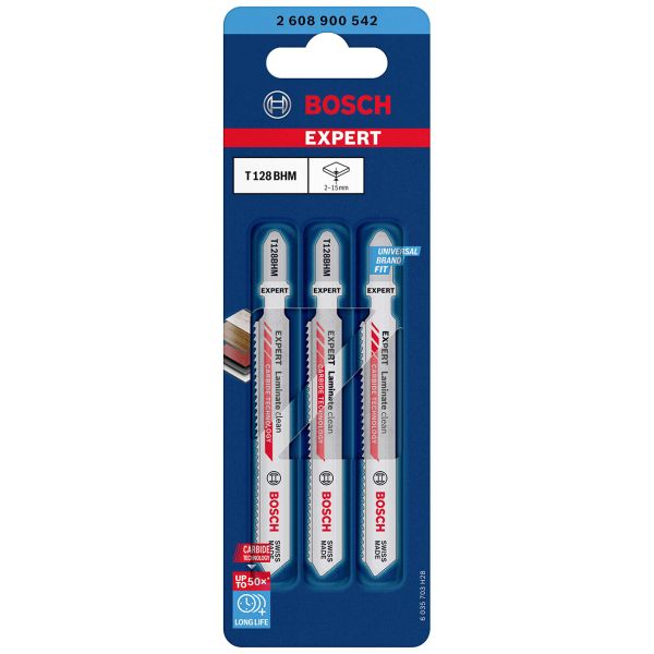 Пиляльне полотно Bosch Expert Laminate Clean T128BHM по ламінату, 1.8x92 мм, 3 шт (2608900542)