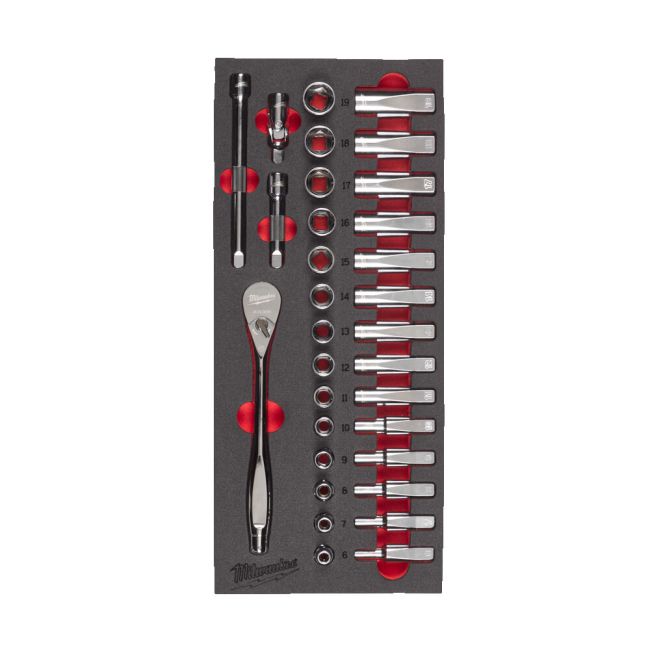 Ложемент с головками хромованими та тріскачкой 3/8'' MILWAUKEE. (28шт) (45х178,5х417мм) для візків (4932479825)