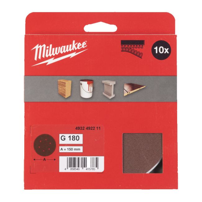 Папір шліфувальний MILWAUKEE діаметр 150мм//6 HL, зерно180, (10шт) (4932492211)