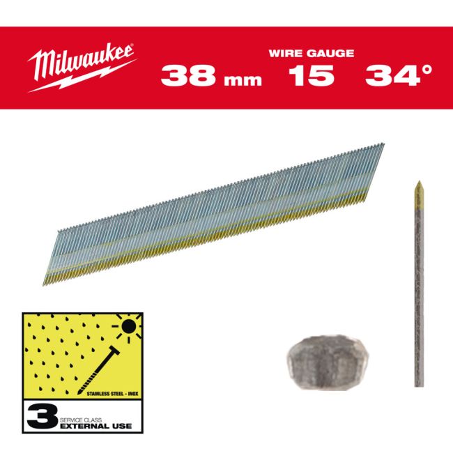 Цвяхи з нержавійки з D-образною головкою MILWAUKEE, 15G/34 градуси/38мм, (2500шт) (4932492579)