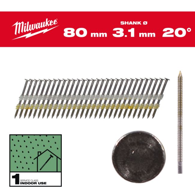 Цвяхи з кільцевою накаткою та круглою головкою MILWAUKEE, 3,1х7,4мм/20 градусів/80мм (1750шт) (4932492589)