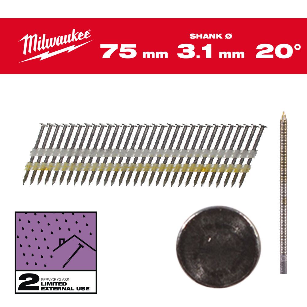 Цвяхи оцинковані з кільцевою накаткою та круглою головкою MILWAUKEE 3,1х7,4мм/20 градусів/75мм (1750шт) (4932492592)