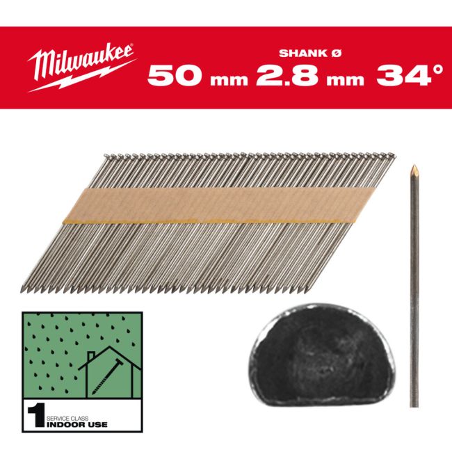 Цвяхи з D-образною головкою MILWAUKEE, 2,8/34 градуси/50мм (2200шт) (4932492595)