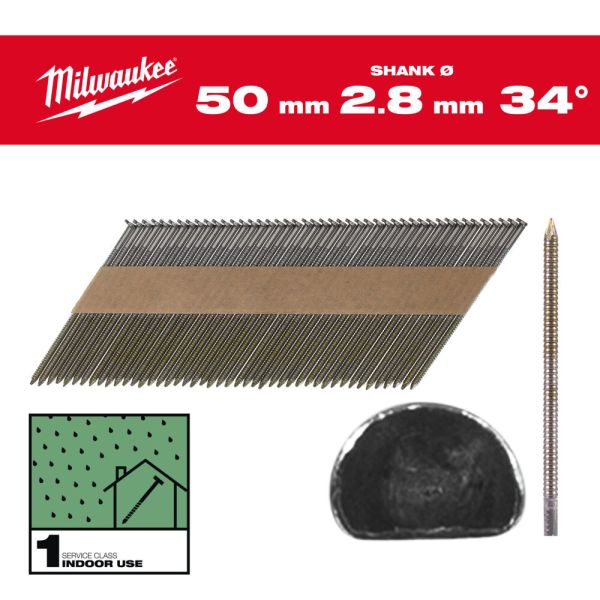 Цвяхи з кільцевою накаткою та D-образною головкою MILWAUKEE, 2,8/34 градуси/50мм (2200шт) (4932492599)