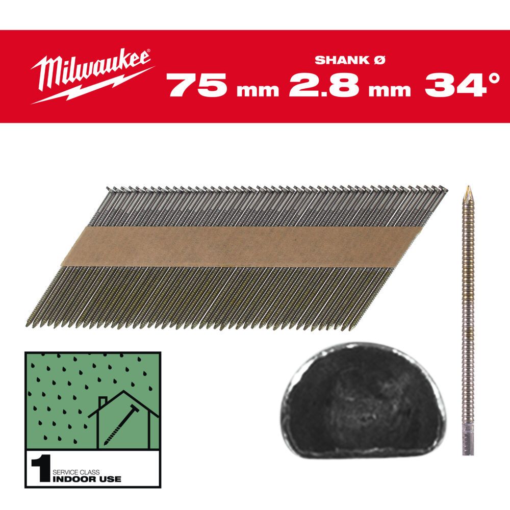 Цвяхи з кільцевою накаткою та D-образною головкою MILWAUKEE 2,8/34 градуси/75мм (2200шт) (4932492602)