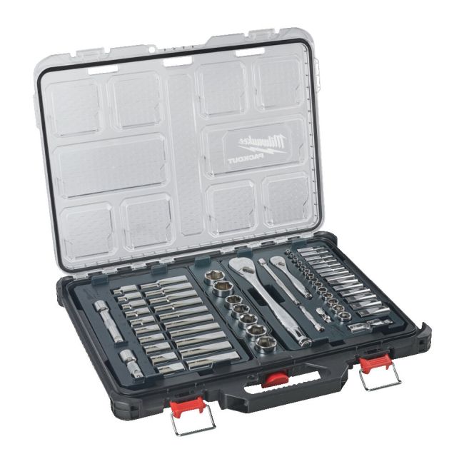 Набір головок торцевих хромованих 1/2''+ 1/4'' PACKOUT MILWAUKEE, з тріскачкою, (63шт), пластиковий органайзер (4932493661)