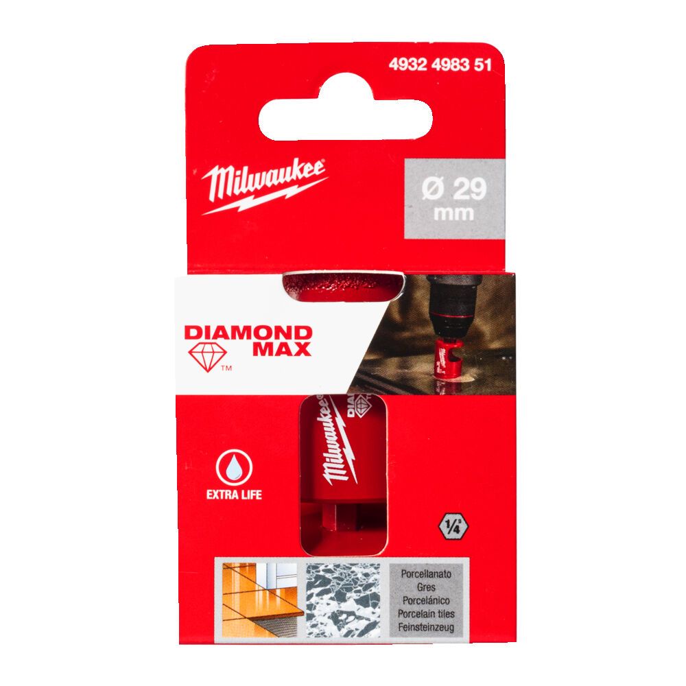 Коронка алмазна Diamond Plus/Max MILWAUKEE, діаметр 29,0мм (1/4'' Hex) (свердління з водою) (4932498351)