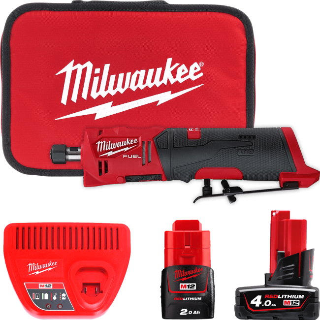 Шліфмашина пряма цангова акумуляторна безщіткова MILWAUKEE, M12 FDGS-422B (зарядний пристрій С12 С, 1 акумулятор М12 В2 2Аг, 1 а (4933471436)